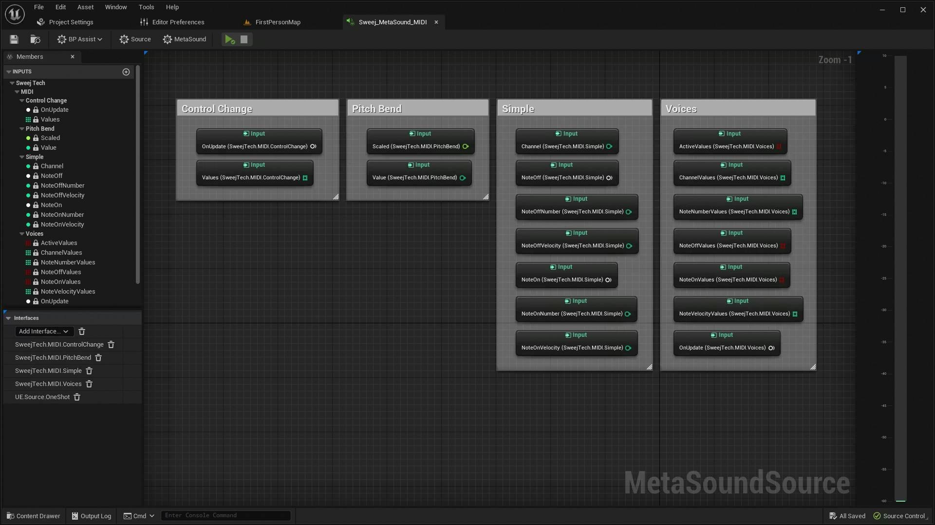 Metasound Midi editor interface inputs.
